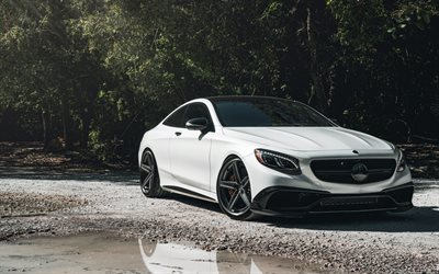 Mercedes-Benz S63 AMG, 2018, white luxury coupe, black wheels, tuning S63, German cars, Mercedes