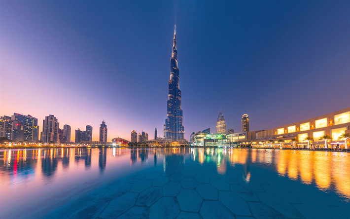 O Burj Khalifa, Dubai, Emirados &#193;rabes Unidos, noite, o edif&#237;cio mais alto, arranha-c&#233;us, fontes, arquitetura moderna, EMIRADOS &#225;rabes unidos