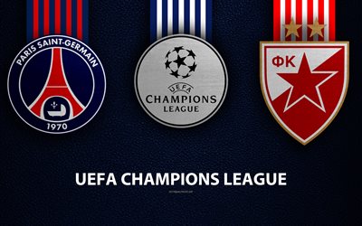 PSG vs Red Star Belgrade, 4k, leather texture, logos, Group C, promo, UEFA Champions League, football game, football club logos, Europe, FK Crvena Zvezda