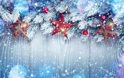 Christmas, snow, red stars, decorations, Christmas background, New Year, Winter