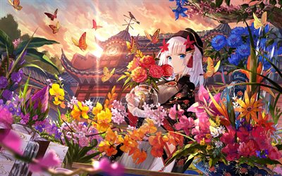 Japanese anime manga, girl in kimono, Japanese house, art, characters, garden, beautiful flowers