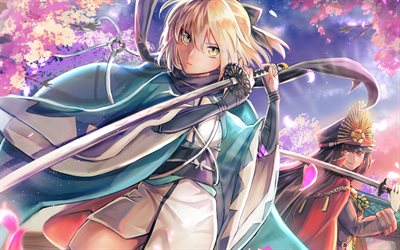 Fate Grand Order, female characters, katana, Japanese sword, art