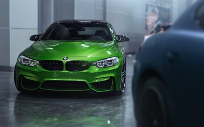 BMW M4, green sports coupe, tuning M4, front view, exterior, German sports cars, BMW
