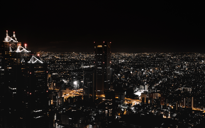 4k, Tokyo, panorama, şehir, modern binalar, nightscapes, Japonya, Asya