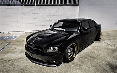 Dodge Charger SRT, black sedan, exterior, front view, tuning Charger, American cars, Dodge
