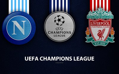 Napoli FC vs Liverpool FC, 4k, le cuir de texture, logos, Groupe C, de la promo, de l&#39;UEFA Champions League, match de football, club de football logos, Europe