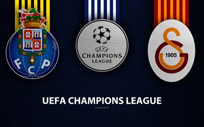FC Porto vs Galatasaray SK, 4k, le cuir de texture, logos, Groupe D, de la promo, de l&#39;UEFA Champions League, match de football, club de football logos, Europe