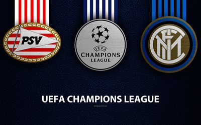 PSV vs FC Internazionale, 4k, leather texture, logos, Group B, promo, UEFA Champions League, football game, football club logos, Inter Milan FC, Europe