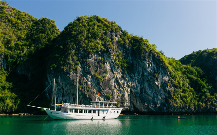 tropical island, ocean, rocks, forest, white ship, sailboat, Vietnam