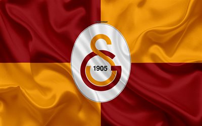Galatasaray SK, 4k, viininpunainen oranssi silkki lippu, logo, Turkkilainen jalkapalloseura, art, luova, Istanbul, Turkki, jalkapallo, silkki tekstuuri