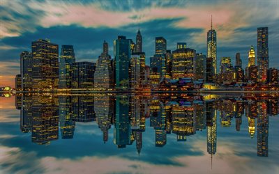 Nova York, noite, arranha-céus, luzes da cidade, metrópole, World Trade Center 1, EUA