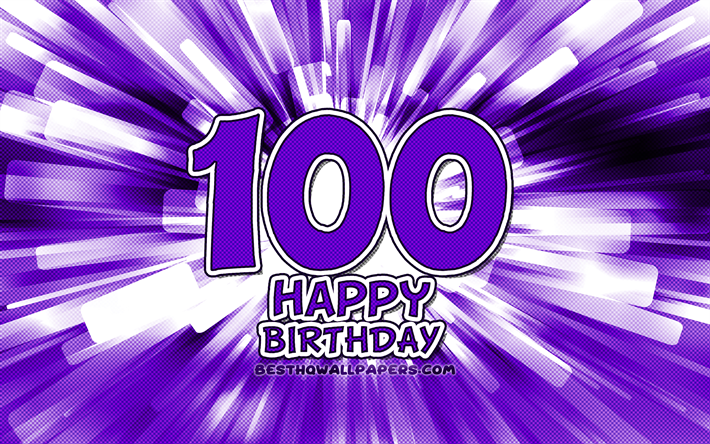 Joyeux 100e anniversaire, 4k, violet abstrait rayons, F&#234;te d&#39;Anniversaire, cr&#233;atif, Heureux de 100 Ans d&#39;Anniversaire 100e F&#234;te d&#39;Anniversaire 100e Joyeux Anniversaire, cartoon art, Anniversaire concept, 100e Anniversaire