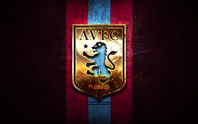 Aston Villa FC, altın logo, Premier Lig, mor metal arka plan, futbol, Aston Villa, İngiltere Futbol Kul&#252;b&#252; Aston Villa, logo, İngiltere