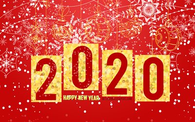 2020 2020 Yeni Yıl, 2020 Kırmızı Noel arka plan, Mutlu Yeni Yıl, 2020 kavramlar, 2020 Kırmızı arka plan, altın Noel topları