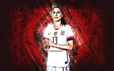 Alex Morgan, American soccer player, United States womens national soccer team, portrait, creative red background, USA, football
