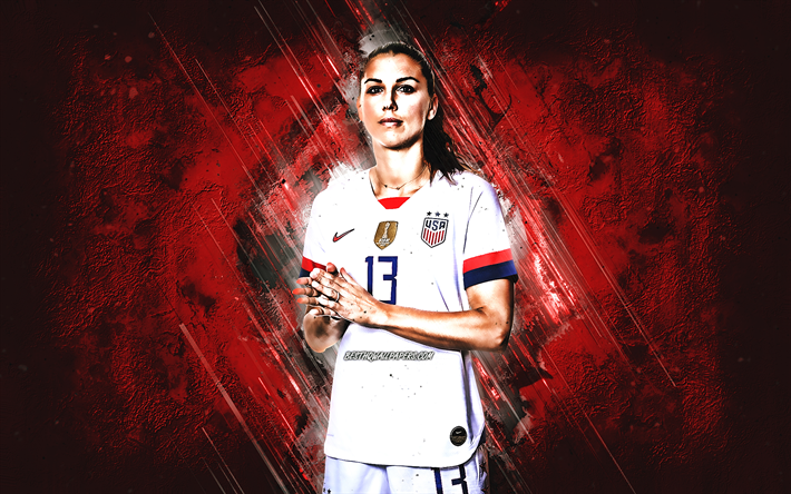 Alex Morgan, Amerikkalainen jalkapallo pelaaja, Yhdysvaltojen naisten jalkapallomaajoukkue, muotokuva, luova punainen tausta, USA, jalkapallo