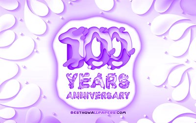 100th anniversary, 4k, 3D petals frame, anniversary concepts, violet ackground, 3D letters, 100th anniversary sign, artwork, 100 Years Anniversary
