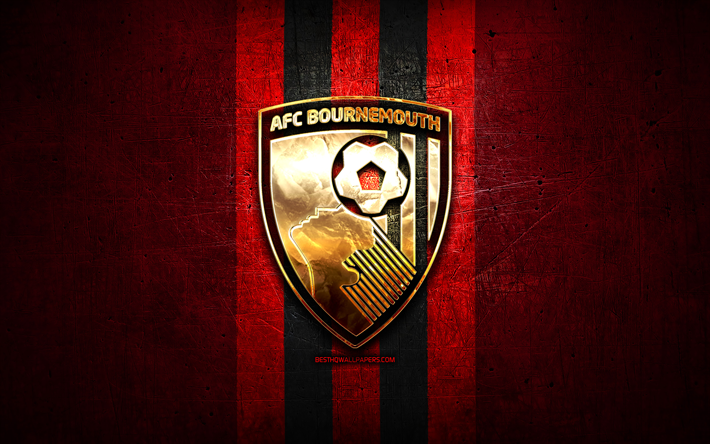 Bournemouth FC, logo dorato, Premier League, rosso, metallo, sfondo, calcio, AFC Bournemouth, club di calcio inglese, Bournemouth, logo, Inghilterra