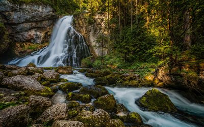 Gollingfall, 滝, 岩, 森林, 緑の木々, 自然の驚異, 美しい滝, オーストリアの滝, ザルツブルク, オーストリア, Gollinger滝, 黒いバッハの場合, Golling滝