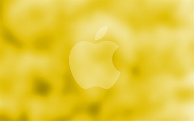 Apple giallo logo, 4k giallo sfondo sfocato, Apple, minimal, il logo Apple, opere d&#39;arte