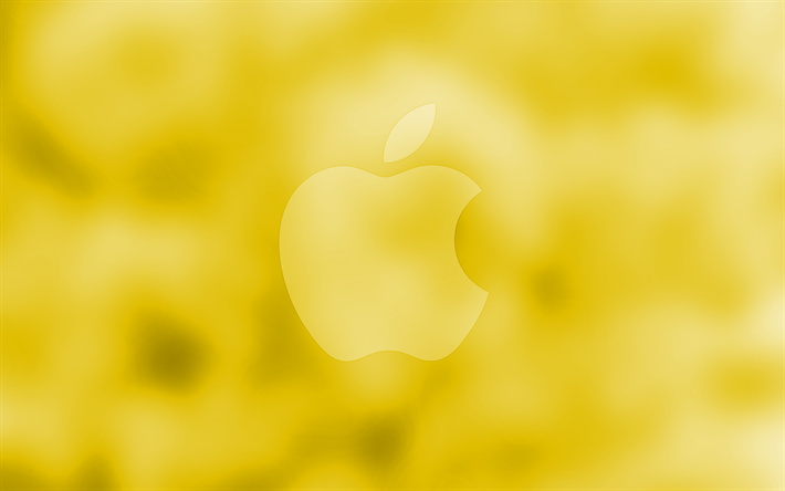 Apple黄ロゴ, 4k黄色の背景, Apple, 最小限の, Appleのロゴ, 作品