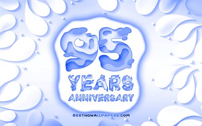 95 &#176; anniversario, 4k, 3D petali cornice, anniversario concetti, sfondo blu, 3D, lettere, 95 &#176; anniversario segno, illustrazione, 95 Anni