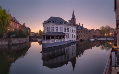 Brugge, evening, sunset, Belgian city, Brugge cityscape, West Flanders, Belgium