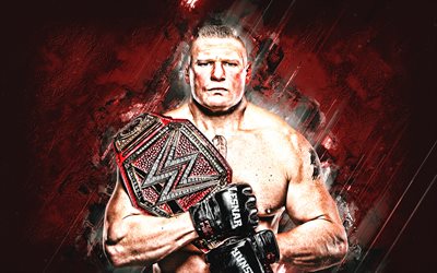 Brock Lesnar, American wrestler, WWE, portrait, red stone background, creative art, Brock Edward Lesnar, USA