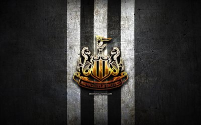 Newcastle United FC, golden logotyp, Premier League, black metal bakgrund, fotboll, Newcastle United, engelska football club, Newcastle United logotyp, England