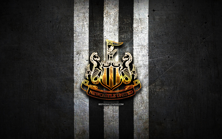 Newcastle United FC, golden logo, Premier League, black metal background, football, Newcastle United, english football club, Newcastle United logo, soccer, England