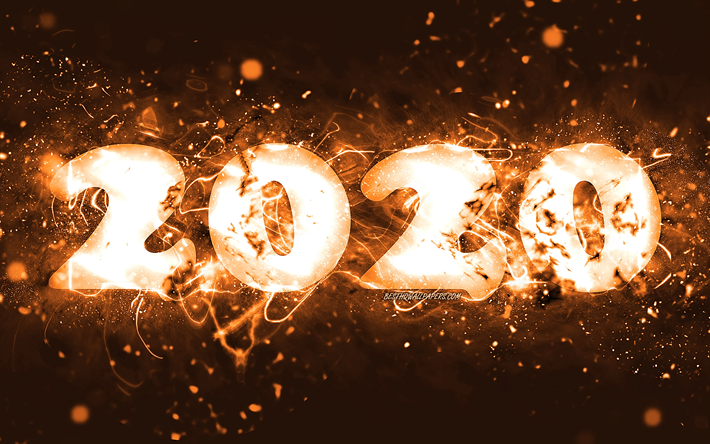 Happy New Year 2020, 4k, brown neon lights, abstract art, 2020 concepts, 2020 brown neon digits, 2020 on brown background, 2020 neon art, creative, 2020 year digits