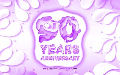 90th anniversary, 4k, 3D petals frame, anniversary concepts, violet background, 3D letters, 90th anniversary sign, artwork, 90 Years Anniversary