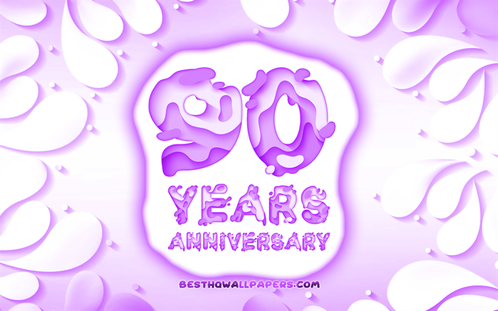 90 &#176; anniversario, 4k, 3D petali cornice, anniversario concetti, sfondo viola, 3D, lettere, 90 &#176; anniversario segno, illustrazione, 90 Anni
