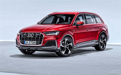 2020, Audi Q7, exterior, vista de frente, SUV de lujo, rojo nuevo Q7, rojo SUV, autos alemanes, Audi