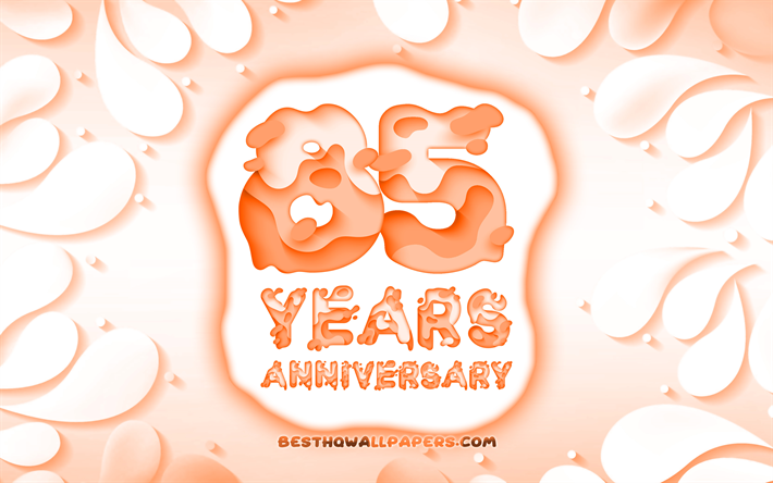85e anniversaire, 4k, 3D p&#233;tales cadre, anniversaire, concepts, fond orange, 3D lettres, 85e anniversaire signe, illustration, 85 Ans Anniversaire