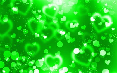 緑が眩しさをハーツ, 4k, 緑のキラキラの背景, 創造, 愛概念, 抽象心, 緑の心