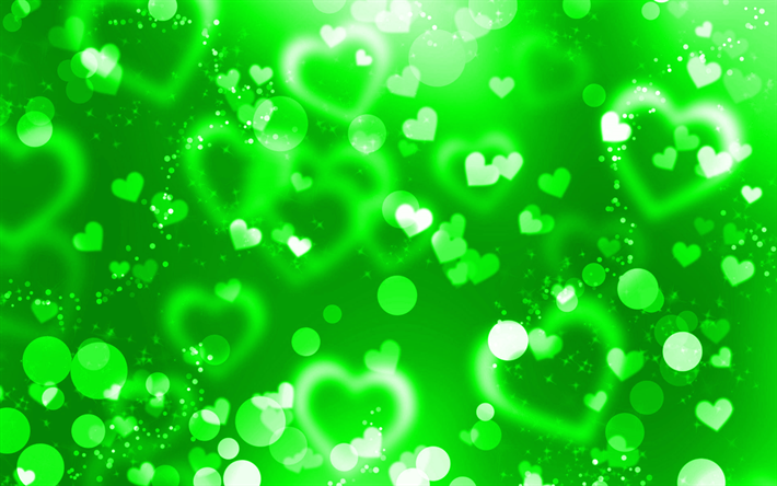 緑が眩しさをハーツ, 4k, 緑のキラキラの背景, 創造, 愛概念, 抽象心, 緑の心