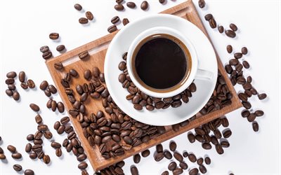 一杯のコーヒー, 白背景, カップトップビュー, コーヒー粒, 白いカップ, コーヒーの概念