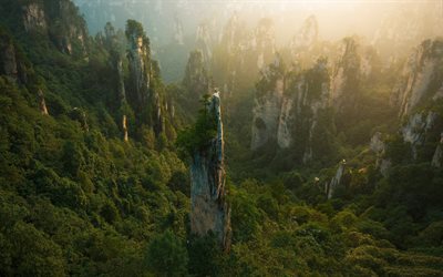 rocks, evening, sunset, Chinese mountains, forest, aerial view, China