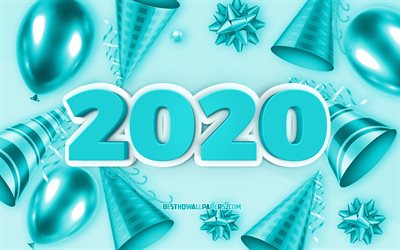 2020 Nouvel An, Turquoise fond de no&#235;l, 2020 Fond Turquoise, Turquoise 3d 2020 arri&#232;re-plan, bonne et Heureuse Ann&#233;e 2020, art cr&#233;atif, 2020 concepts