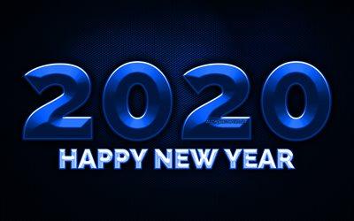 2020 azul 3D d&#237;gitos, 4k, azul grelha para plano de fundo, Feliz Ano Novo 2020, 2020 metal arte, 2020 conceitos, blue metal d&#237;gitos, 2020 em fundo azul, 2020 d&#237;gitos do ano