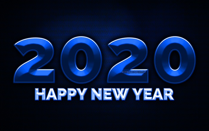 2020 blu 3D cifre, 4k, blu griglia di metallo sfondo, Felice Anno Nuovo, 2020, 2020 arte del metallo, 2020 concetti, blu metallo cifre, 2020 su sfondo blu, il 2020 le cifre dell&#39;anno