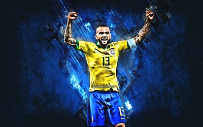 Dani Alves, Brazil national football team, Brazilian footballer, defender, portrait, blue stone background, soccer, Brazil