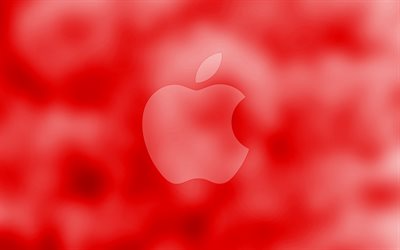 Elma kırmızı logo, 4k kırmızı bulanık arka plan, Elma, minimal, Apple logosu, sanat