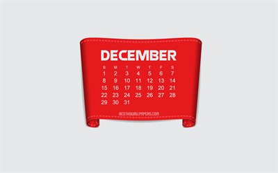 December 2019 Calendar, red paper element, 2019 December month calendar, white background, winter