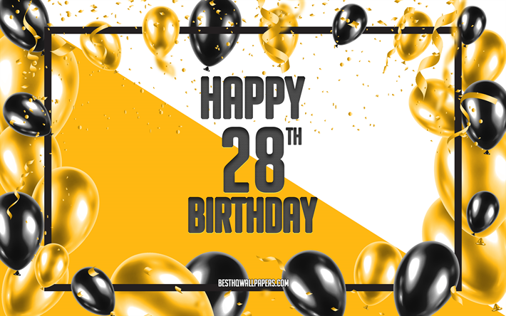 嬉しい誕生日-28日, お誕生日の風船の背景, 嬉しい28歳の誕生日, 黄色の誕生の背景, 28日お誕生日おめで, 黄黒の風船, 28歳の誕生日, カラフルな誕生日のパターン, お誕生日おめで背景