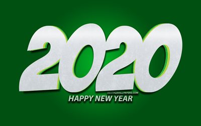 4k, 2020 3D chiffres, cartoon art, Heureuse Nouvelle Ann&#233;e 2020, fond vert, 2020 neon art, 2020 concepts, &#224; 2020 sur fond vert, l&#39;an 2020 chiffres, le Nouvel An 2020