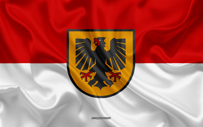 Dortmund Lippu, 4k, silkki tekstuuri, silkki lippu, Saksan kaupunki, Dortmund, Saksa, Euroopassa, Lipun Dortmund, liput saksan kaupungeissa
