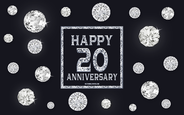 20 &#176; Anniversario, diamanti, sfondo grigio, Anniversario di sfondo con gemme, 20 Anni, Felice 20 &#176; Anniversario, arte creativa, Felice Anniversario di sfondo
