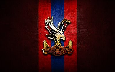 Crystal Palace FC, golden logo, Premier League, red metal background, football, Crystal Palace, english football club, Crystal Palace logo, soccer, England